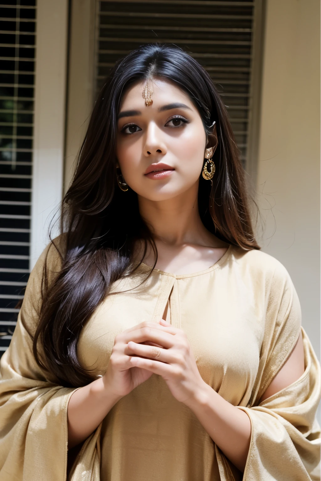 Beautiful ,23 years young girl,confident looking,8k,realistic,dark brown hair,fair skin, indian,long hair,clear facial features, wearing dupatta and kurti with claping hands, saying namaste