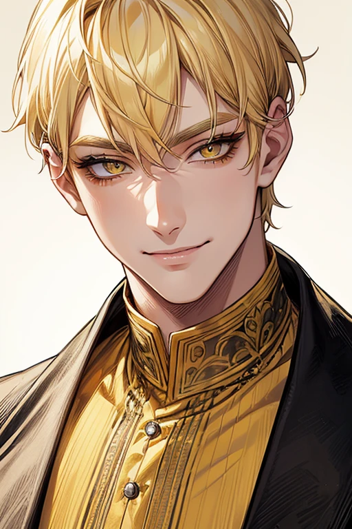 (muste piece), (best quality), extremely detailed, 1 man, solo focus, perfect face, pretty face, highly detailed face，yellow short hair, long yellow eyelashes、yellow eyebrows、Handsome man with expressive eyes, smiling, yellow eyes、detailed background、