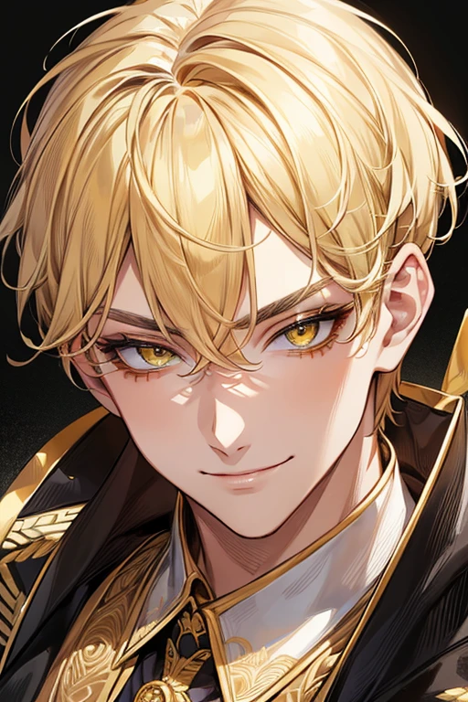 (muste piece), (best quality), extremely detailed, 1 man, solo focus, perfect face, pretty face, highly detailed face，yellow short hair, long yellow eyelashes、yellow eyebrows、Handsome man with expressive eyes, smiling, yellow eyes、detailed background、Idol