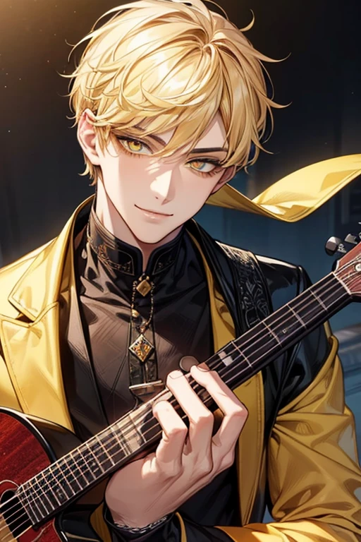 (muste piece), (best quality), extremely detailed, 1 man, solo focus, perfect face, pretty face, highly detailed face,yellow short hair, long yellow eyelashes、yellow eyebrows、Handsome man with expressive eyes, smiling, Yellow eyes、detailed background、Guitarist