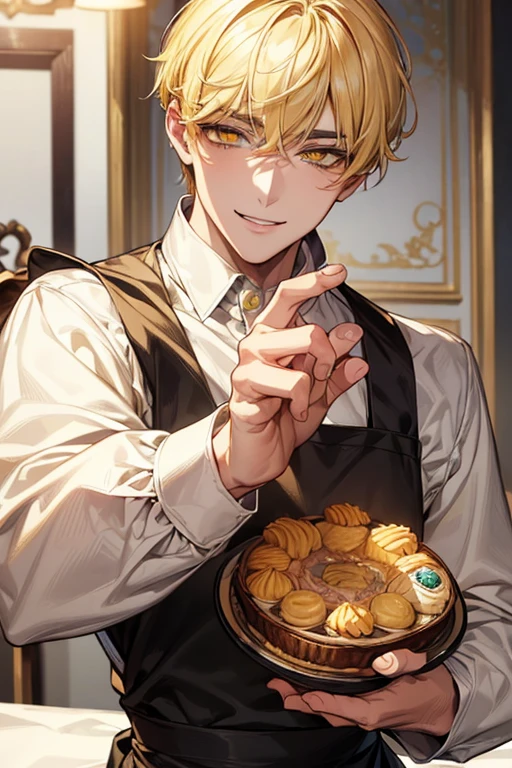 (muste piece), (best quality), extremely detailed, 1 man, solo focus, perfect face, pretty face, highly detailed face,yellow short hair, long yellow eyelashes、yellow eyebrows、Handsome man with expressive eyes, smiling, Yellow eyes、detailed background、patissier、long apron