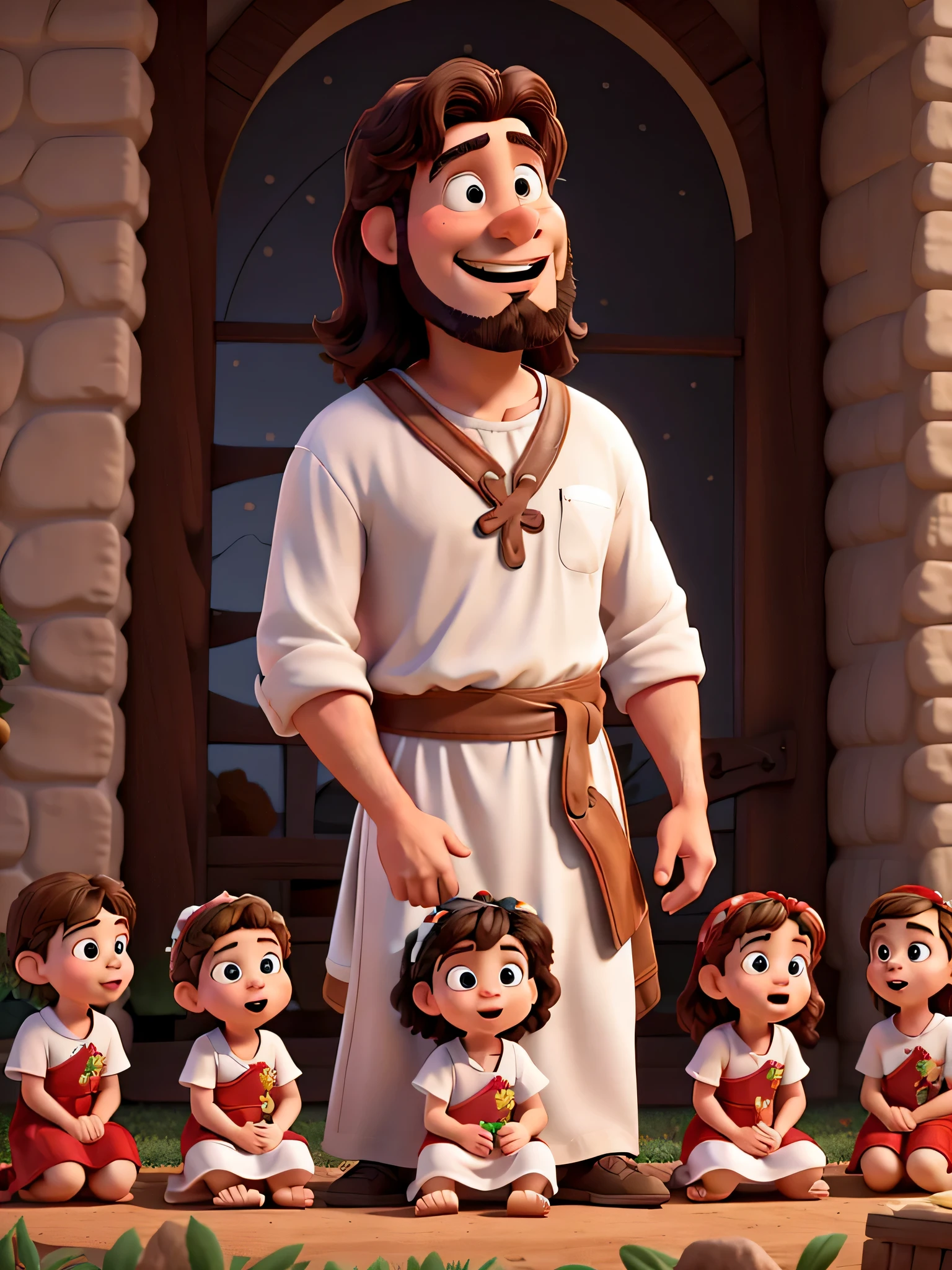 Disney Pixar-style, Jesus wearing a white tunic with a red sash, and several little children around him sitting listening to stories
