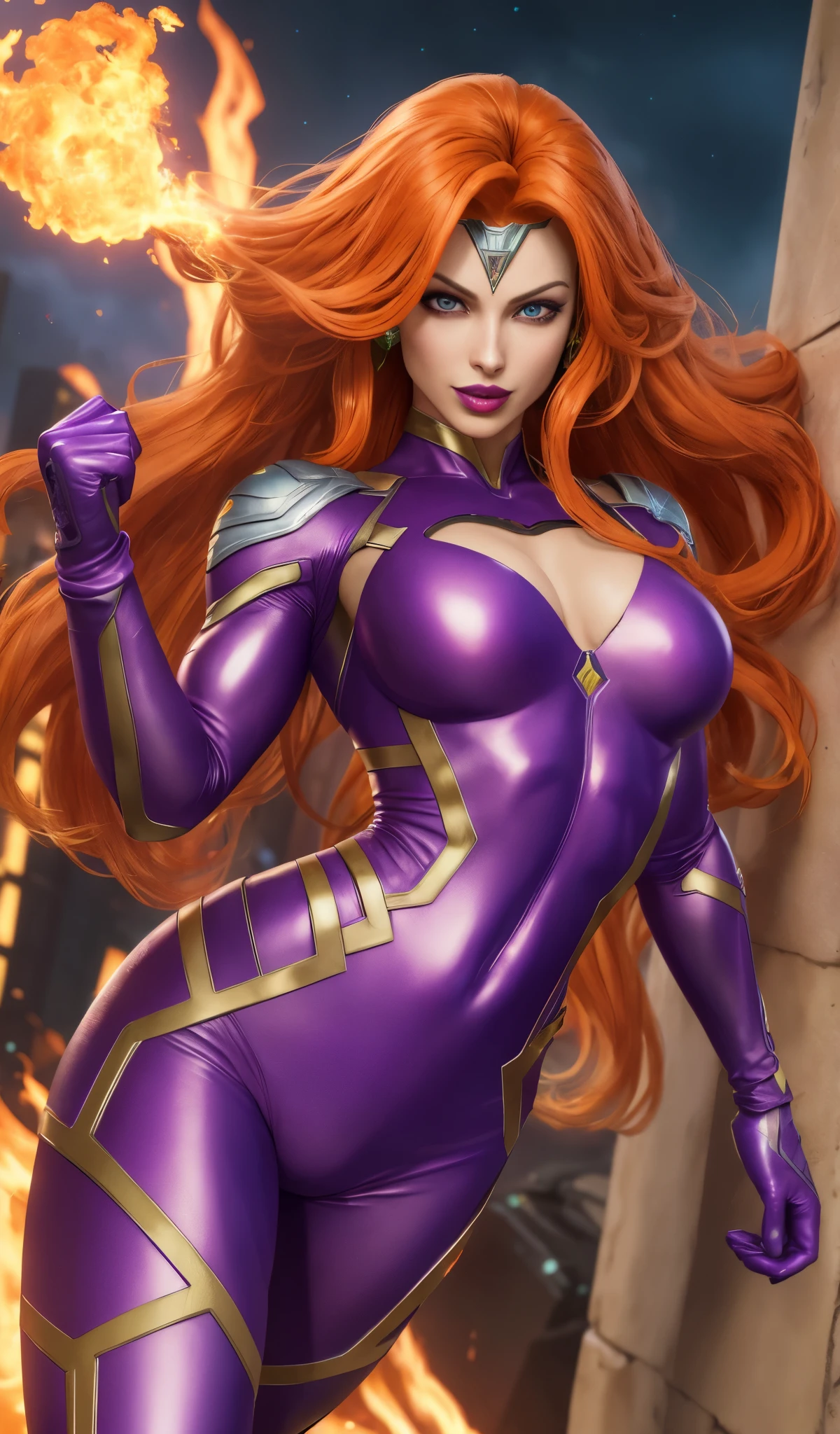 DC Comics Starfire is crouched in a room in anger and her eyes are closed, Your mouth is open, camelo, Facesitting POV, boca aberta e olhos fechados de raiva, molhado com suor