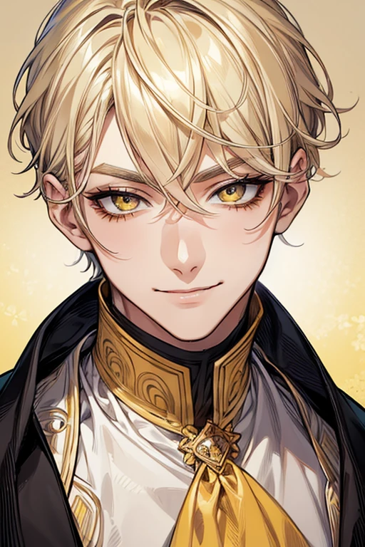 (muste piece), (best quality), extremely detailed, 1 man, solo focus, perfect face, pretty face, highly detailed face，yellow short hair, long yellow eyelashes、yellow eyebrows、Handsome man with expressive eyes, smiling, Yellow eyes、detailed background、izumi