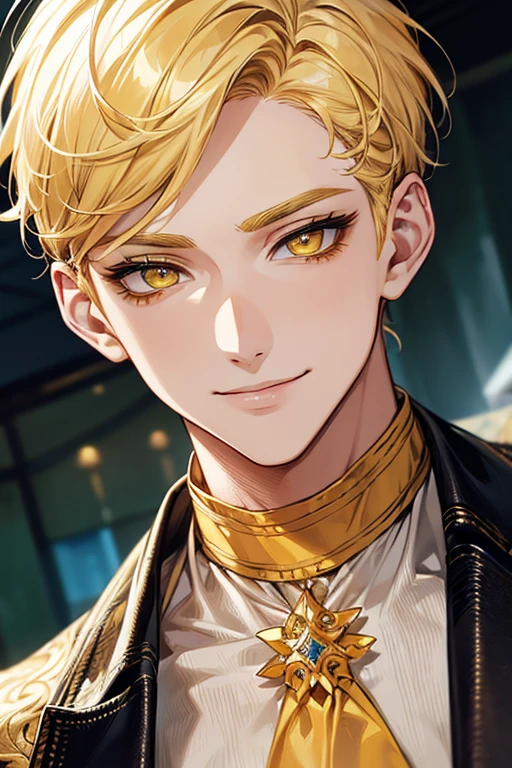 (muste piece), (best quality), extremely detailed, 1 man, solo focus, perfect face, pretty face, highly detailed face,yellow short hair, long yellow eyelashes、yellow eyebrows、Handsome man with expressive eyes, smiling, yellow eyes、detailed background、pool