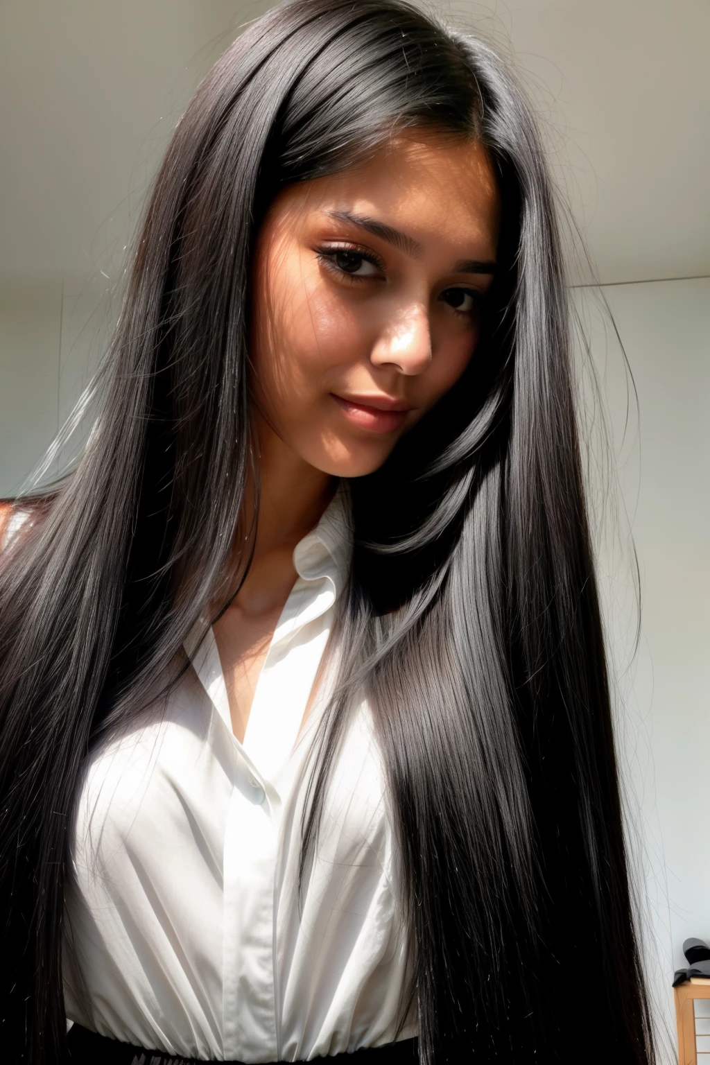 a close up of a woman with long black hair and a white shirt, dark hairs, black-hair, black silky hair, extra-dark natural black hair, blackhair, the woman has long dark hair, silken hair, parted hair, black hairs, endless black hair, dark - hair, dark-hair, thick shining black hair, thin lustrous hair