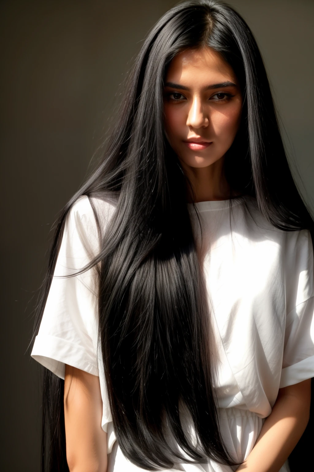 a close up of a woman with long black hair and a white shirt, dark hairs, black-hair, black silky hair, extra-dark natural black hair, blackhair, the woman has long dark hair, silken hair, parted hair, black hairs, endless black hair, dark - hair, dark-hair, thick shining black hair, thin lustrous hair