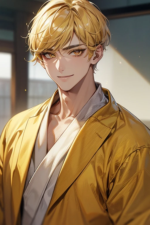 (muste piece), (best quality), extremely detailed, 1 man, solo focus, perfect face, pretty face, highly detailed face,yellow short hair, long yellow eyelashes、yellow eyebrows、Handsome man with expressive eyes, smiling, Yellow eyes、detailed background、bathrobe、hot spring