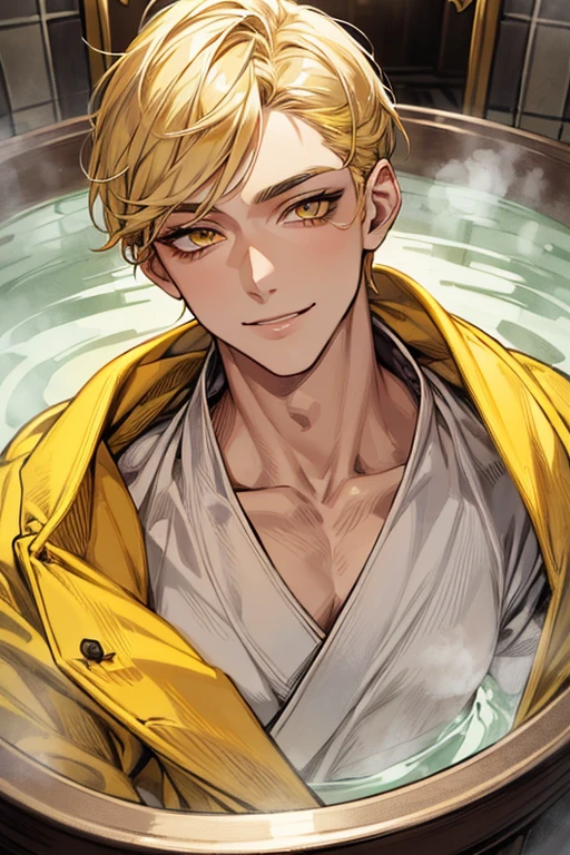(muste piece), (best quality), extremely detailed, 1 man, solo focus, perfect face, pretty face, highly detailed face,yellow short hair, long yellow eyelashes、yellow eyebrows、Handsome man with expressive eyes, smiling, yellow eyes、detailed background、bathrobe、public bath