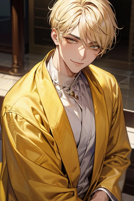 (muste piece), (best quality), extremely detailed, 1 man, solo focus, perfect face, pretty face, highly detailed face,yellow short hair, long yellow eyelashes、yellow eyebrows、Handsome man with expressive eyes, smiling, yellow eyes、detailed background、bathrobe、public bath