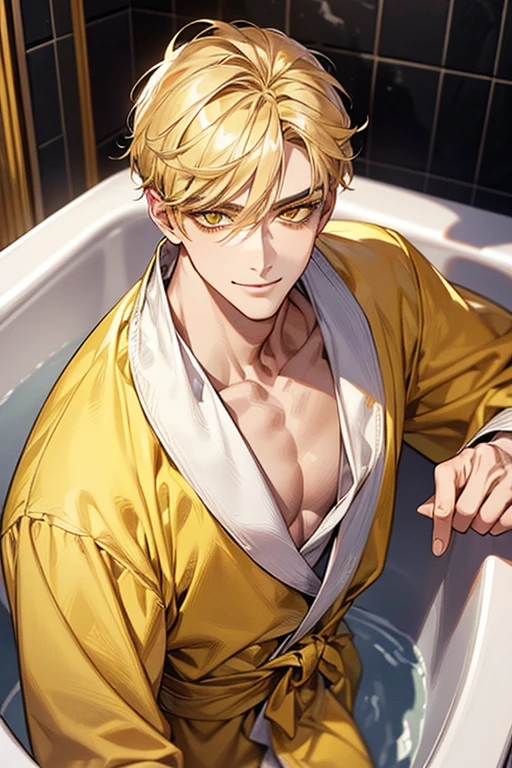 (muste piece), (best quality), extremely detailed, 1 man, solo focus, perfect face, pretty face, highly detailed face,yellow short hair, long yellow eyelashes、yellow eyebrows、Handsome man with expressive eyes, smiling, Yellow eyes、detailed background、bathrobe、bathtub