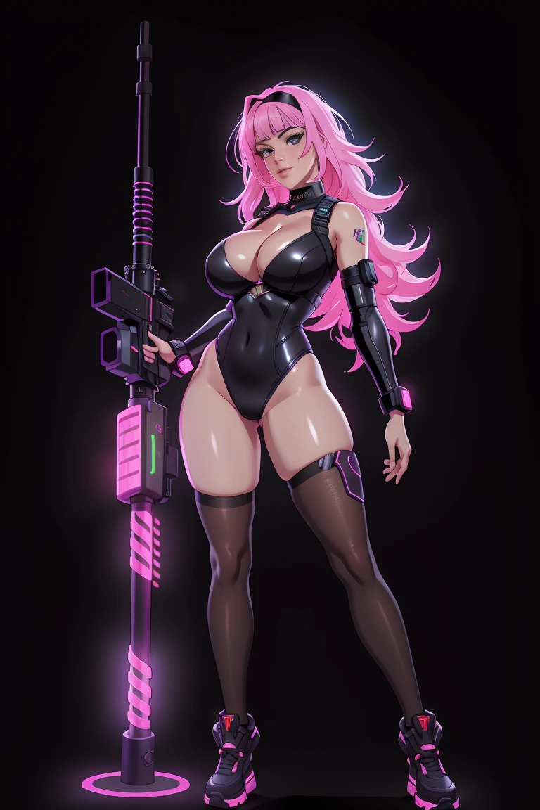 there Alizée standing, neon hair, 3 d neon art of a womans body, neon-noir background, cyberpunk femme fatale, seductive cyberpunk dark fantasy, cyberpunk strip clubs, cyberpunk 20 y. o model girl, oppai cyberpunk, banner, high definition cgsociety, cgsociety masterpiece, trending on cgstation, kda, random hair, looking at camera, gigantic breasts, cleavage, (high detailed skin:1.2), 8k uhd, dslr, super lighting, high quality, film grain, high res, highly detailed, hyper realistic, beautiful face, beautiful body, beautiful eyes nose lips, alluring expression, very bold, upper boobs visible, full body photo, standing legs apart, pale translucent glowing skin, most beautiful face, cute, (well defined pubic hair:1.2)), (dark plain black background:1.4))