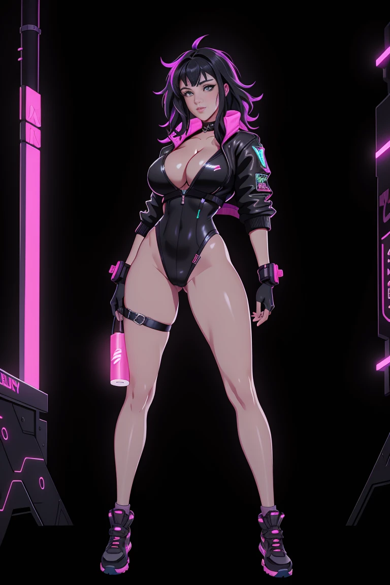 there Alizée standing, neon hair, 3 d neon art of a womans body, neon-noir background, cyberpunk femme fatale, seductive cyberpunk dark fantasy, cyberpunk strip clubs, cyberpunk 20 y. o model girl, oppai cyberpunk, banner, high definition cgsociety, cgsociety masterpiece, trending on cgstation, kda, random hair, looking at camera, gigantic breasts, cleavage, (high detailed skin:1.2), 8k uhd, dslr, super lighting, high quality, film grain, high res, highly detailed, hyper realistic, beautiful face, beautiful body, beautiful eyes nose lips, alluring expression, very bold, upper boobs visible, full body photo, standing legs apart, pale translucent glowing skin, most beautiful face, cute, (well defined pubic hair:1.2)), (dark plain black background:1.4))