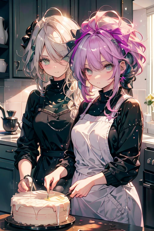 A silver haired woman with green eyes is making a cake with a pink haired woman with violet eyes in a nice kitchen