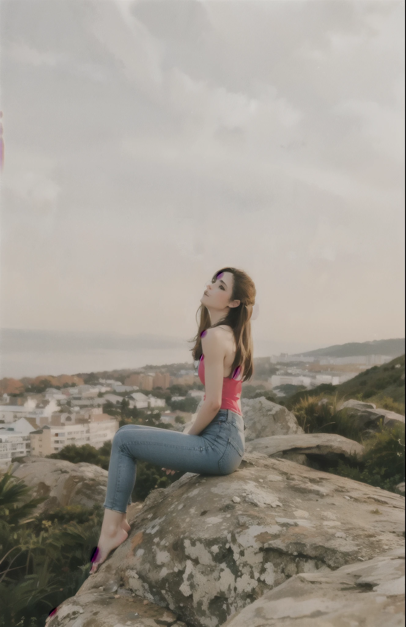 ((best quality)), ((masterpiece)), (detailed), perfect face, girl with blond ponytail with fitness body, black leggins, short white top, sitting on rock