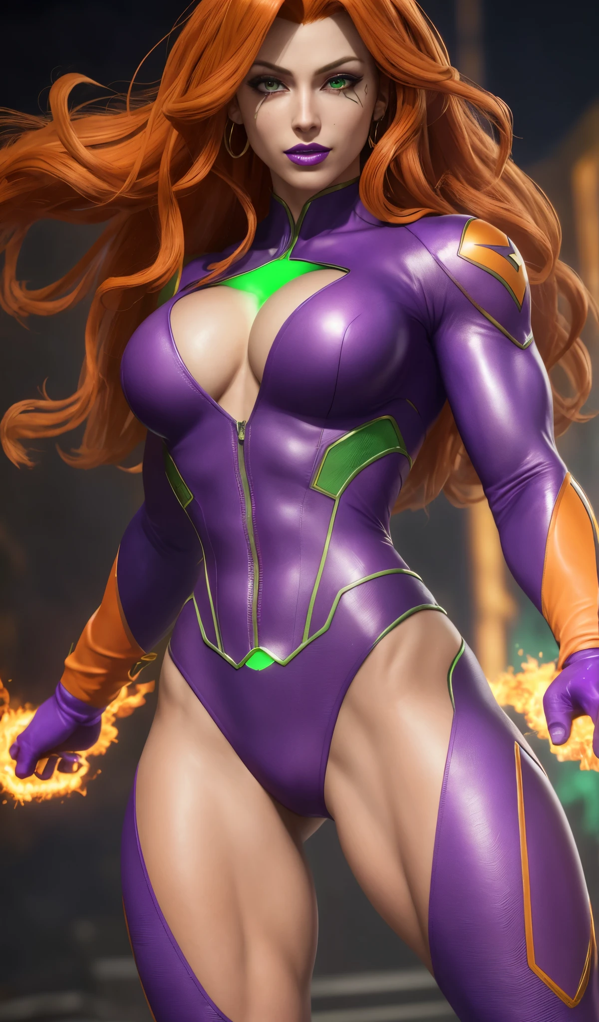 (Masterpiece, 4k resolution, ultra-realistic, very detailed), Super heroine, long orange hair, purple leather suit, muscular body, full purple lips, purple lipstick, large breasts, starfire,  emit green glow eyes