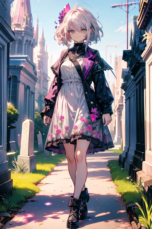 A silver haired woman with green eyes is walking through the cemetery with a pink haired woman with violet eyes
