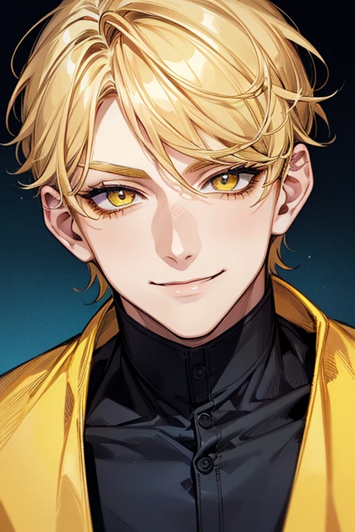(muste piece), (best quality), extremely detailed, 1 man, solo focus, perfect face, pretty face, highly detailed face，yellow short hair, long yellow eyelashes、yellow eyebrows、Handsome man with expressive eyes, smiling, Yellow eyes、detailed background、Blue shirt