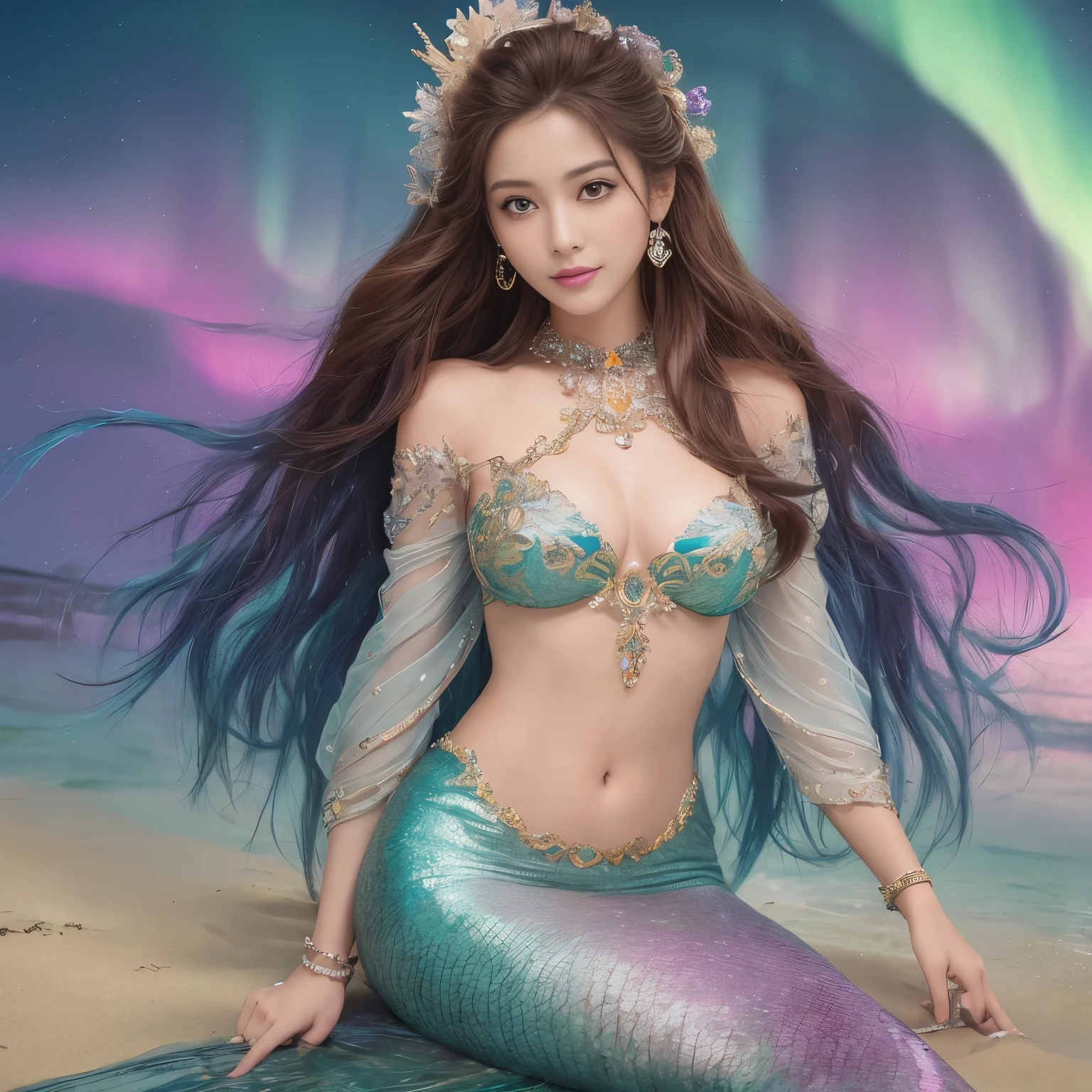 (highest quality、muste piece、8k、best image quality、hyper realism、1 photo)、(Mermaid goddess in the most luxurious and majestic costume:1.2)、(A huge aurora spreads across the sky:1.5)、(The most luxurious and intricately decorated sleeves:1.2)、(perfect and accurate mermaid tail:1.1)、(mermaid goddess sitting on the beach:1.2)、(Very intricate and detailed crystal clear ocean:1.1)、(Very intricate and sparkling pink and purple scales:1.2)、(Mermaid goddess upper body photo:1.1)、shining water surface、The most fantastically shining sea、Clear and detailed background,、accurate anatomy、whole body jewelry decoration、golden decoration、the most gorgeous goddess sleeves、the most gorgeous decoration、Beautiful brown hair with lots of intricate jewelry、Very detailed purple and pink scales、最も贅沢でhighest qualityの巨大ティアラ、最も贅沢でhighest qualityのジャイアントネックレス、Beautiful purple and pink tail of a mermaid、Perfect makeup、(the best smile when you look at me)