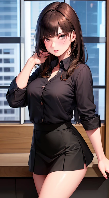 best quality, ultra high resolution, (lifelike:1.4), 1 girl, button shirt, black skirt, School, dark brown hair, chest hair:1.2), looking at the audience, (Highly detailed faces:1.1),, (pure face_v1:0.8),Tik Tok, , (:1.2), Crotch cutout,