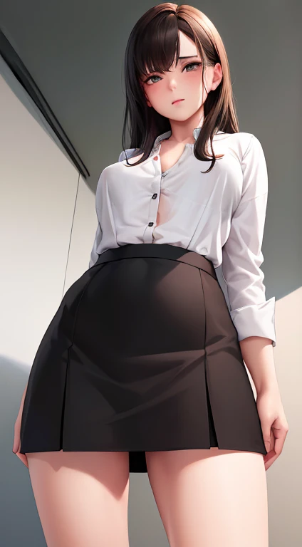 best quality, ultra high resolution, (lifelike:1.4), 1 girl, button shirt, black skirt, School, dark brown hair, chest hair:1.2), looking at the audience, (Highly detailed faces:1.1),,  (pure face_v1:0.8),Tik Tok,  , (:1.2), Crotch cutout,