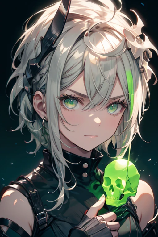 A silver haired woman with green eyes is holding a skull with green lighting
