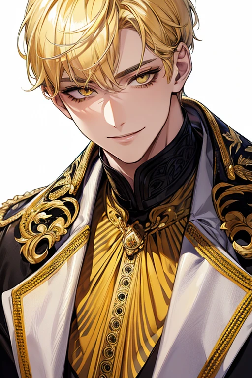 (muste piece), (best quality), extremely detailed, 1 man, solo focus, perfect face, pretty face, highly detailed face，yellow short hair, long yellow eyelashes、yellow eyebrows、Handsome man with expressive eyes, smiling, Yellow eyes、detailed background、Paris Collection Model