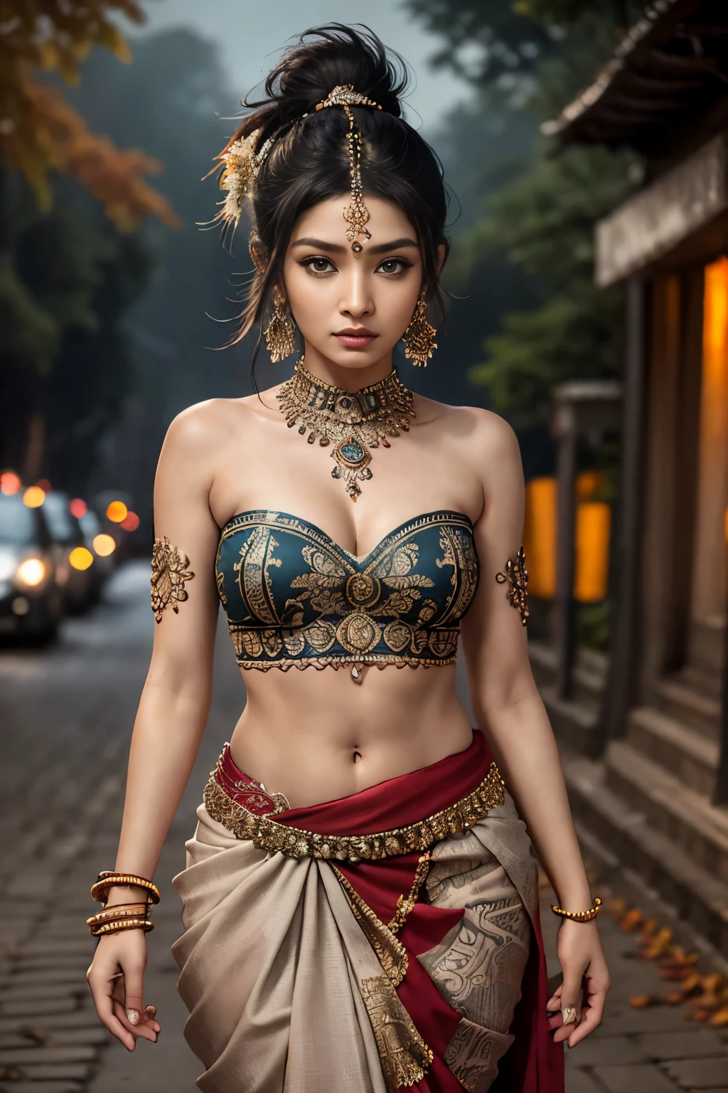 Portrait, beautiful indian tribal girl, masterpiece, 8k, ultra high quality, blur background, ponytail hair, big hazel eyes, saree outfit, strapless, small skirt, nose ring, tattoed hands, best quality, walking on street, ancient city ruins, autumn forest ultra detailed background, dark rainy sky, perfect anatomy, perfect fingers, ambient lighting, photorealistic