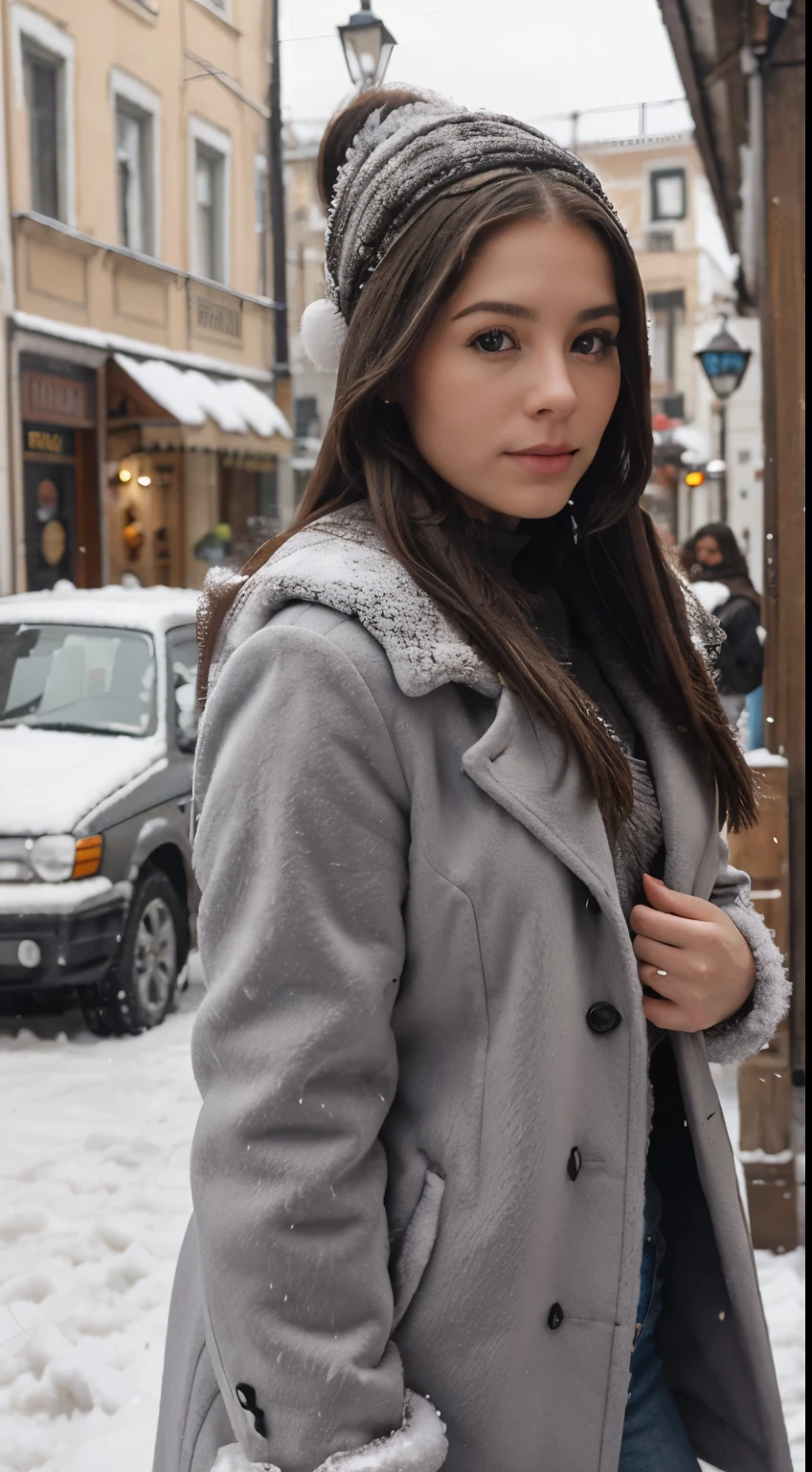 chinchilla fur, brunete, long hair, 27 years old, scene winter time ,snow, old town street