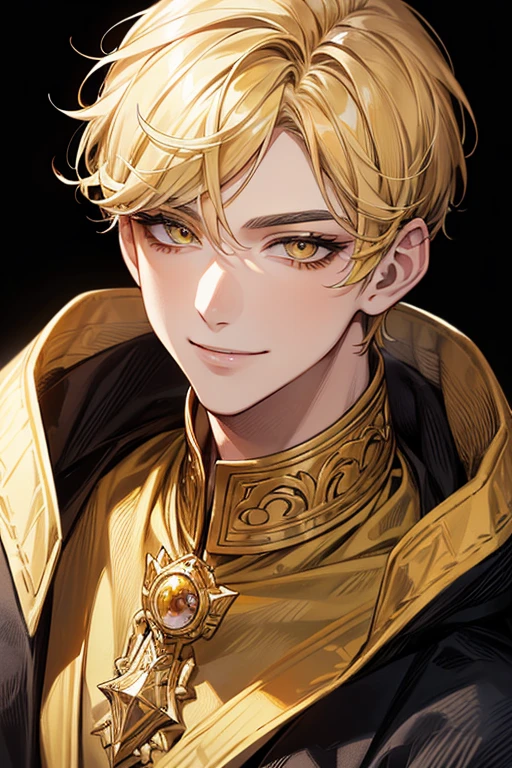 (muste piece), (best quality), extremely detailed, 1 man, solo focus, perfect face, pretty face, highly detailed face,yellow short hair, long yellow eyelashes、yellow eyebrows、Handsome man with expressive eyes, smiling, yellow eyes、detailed background、