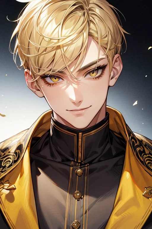 (muste piece), (best quality), extremely detailed, 1 man, solo focus, perfect face, pretty face, highly detailed face,yellow short hair, long yellow eyelashes、yellow eyebrows、Handsome man with expressive eyes, smiling, yellow eyes、detailed background、