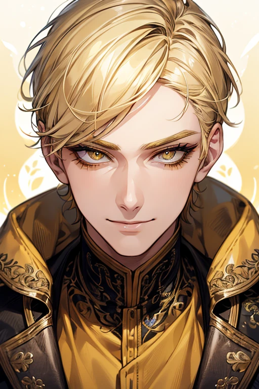 (muste piece), (best quality), extremely detailed, 1 man, solo focus, perfect face, pretty face, highly detailed face,yellow short hair, long yellow eyelashes、yellow eyebrows、Handsome man with expressive eyes, smiling, Yellow eyes、detailed background、