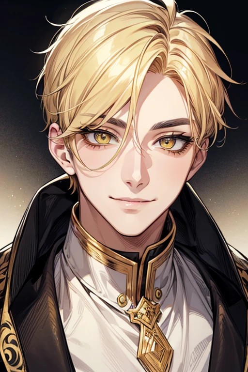 (muste piece), (best quality), extremely detailed, 1 man, solo focus, perfect face, pretty face, highly detailed face,yellow short hair, long yellow eyelashes、yellow eyebrows、Handsome man with expressive eyes, smiling, Yellow eyes、detailed background、
