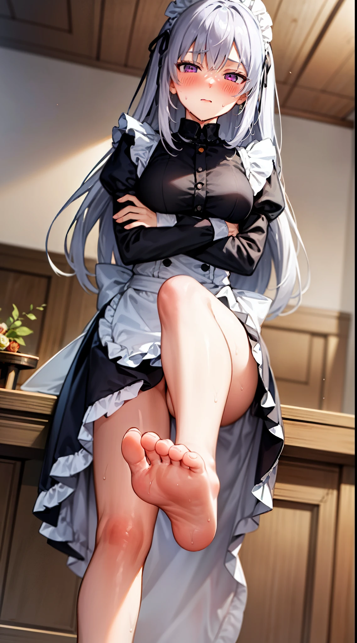 1girl,white hair,purple eyes,maid,long hair,tareme eyes,Yandere,2legs,legs focus,hands on thigh, x-shape hairbands,from below,half-closed eyes,jitome,blush,sweating,bare feet,feet,(five toes1.5),soles of feet,feet focus,sweating,bare feet,FFA,from below,leg up,sole,feet,looking at viewer