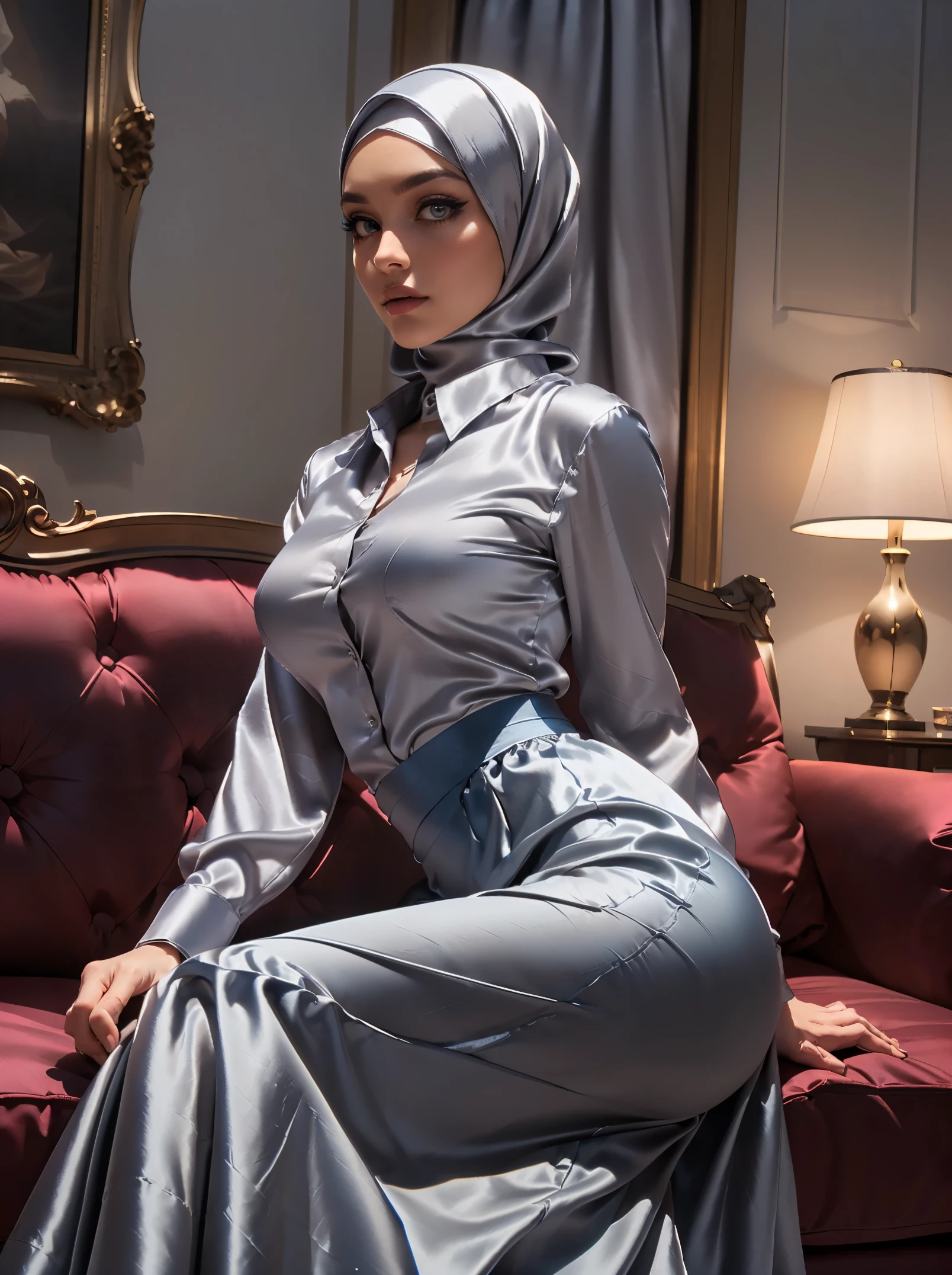 ((Masterpiece, best quality, photography, detailed skin, realistic, photo-realistic, 8k, highly detailed, full length frame, High detail RAW color art, diffused soft lighting, shallow depth of field, sharp focus, hyperrealism, cinematic lighting, hijab, a woman in a beautifully makeup, beautiful big eyes, long eye lashes, wearing (Dark blue satin hijab), Formal attire, ((Gray satin shirt and maxi long skirts)), wide hips, large breast, leaning on sofa, luxury hotel room