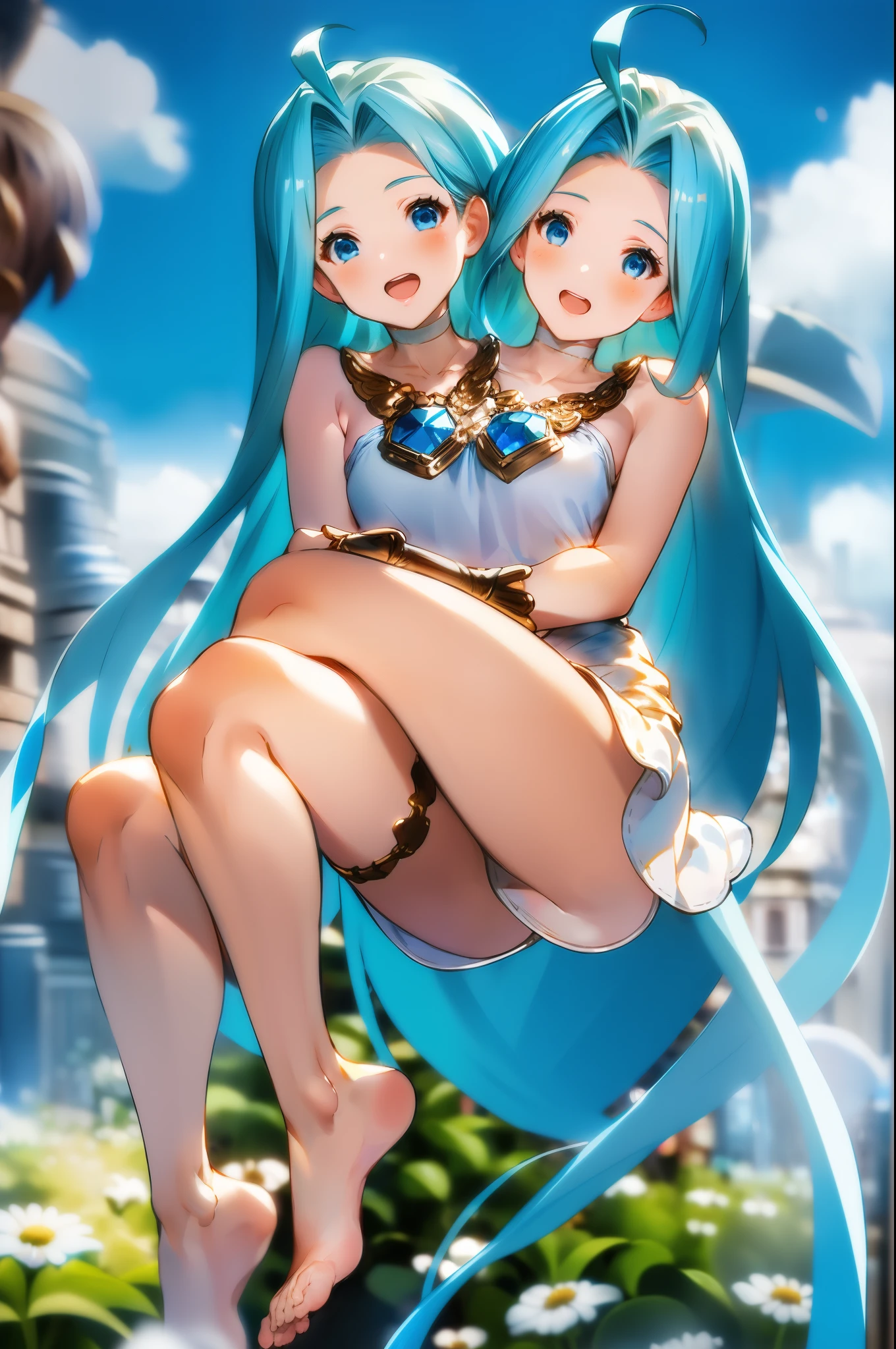 (two heads:1.4), masterpiece, highly detailed, 1girl, solo, full body, lyria_\(granblue_fantasy\), granblue fantasy, aqua hair, shiny hair, very long hair, blue eyes, ahoge, white cami-dress, blue pendant, short skirt, white skirt, bare foot, wedding guntlets, field of depth, looking at viewer, cloudy sky, blue sky, pov, looking at viewer, medieval town, :), sitting, legs crossed