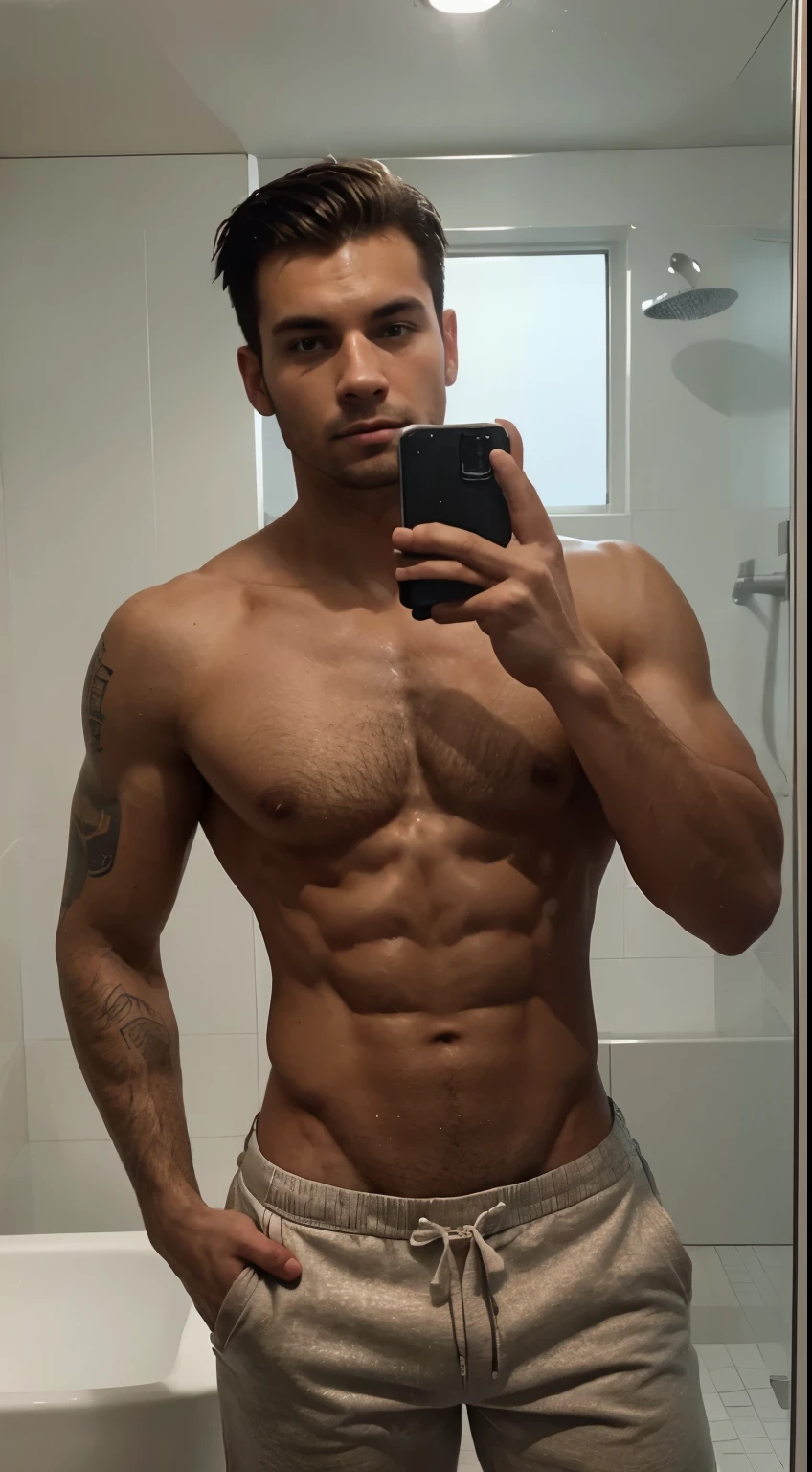 a shirtless man taking a selfie in a bathroom mirror, a polaroid photo by Alexander Kucharsky, instagram contest winner, superflat, masculine, handsome, elite