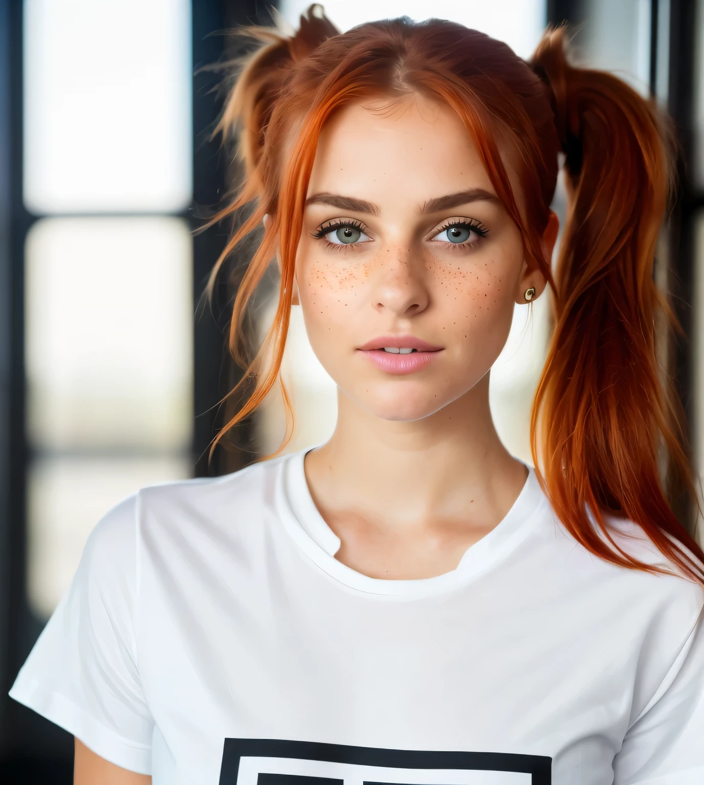 photo,8k,sharpness,belle femme,tout le corps,T-shirt,(Detailed eyes:0.8),(Looking at the camera:1.4),(Highest quality),(meilleure ombre),Veron eyes,Rim Lighting,two tone lighting,dimly lit,discret,intricate details,interior,queues de cheval,cheveux roux:1.3,bouche ouverte:0.7,taches de rousseur