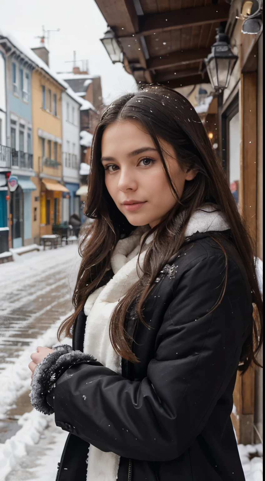 chinchilla fur, brunete,  long hair, 27 years old, scene winter time ,snow, old town street