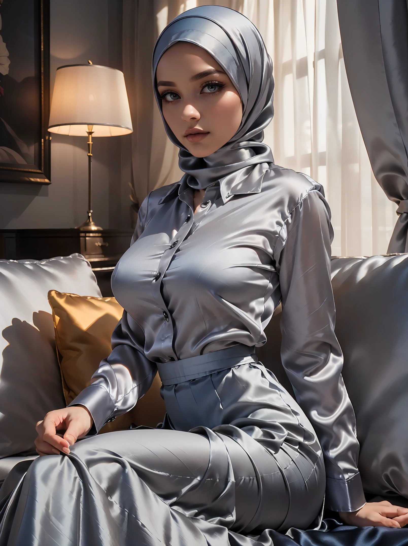 ((Masterpiece, best quality, photography, detailed skin, realistic, photo-realistic, 8k, highly detailed, full length frame, High detail RAW color art, diffused soft lighting, shallow depth of field, sharp focus, hyperrealism, cinematic lighting, hijab, a woman in a beautifully makeup, beautiful big eyes, long eye lashes, wearing (Dark blue satin hijab), Formal attire, ((Gray satin shirt and maxi long skirts)), wide hips, large breast, leaning on sofa, luxury hotel room