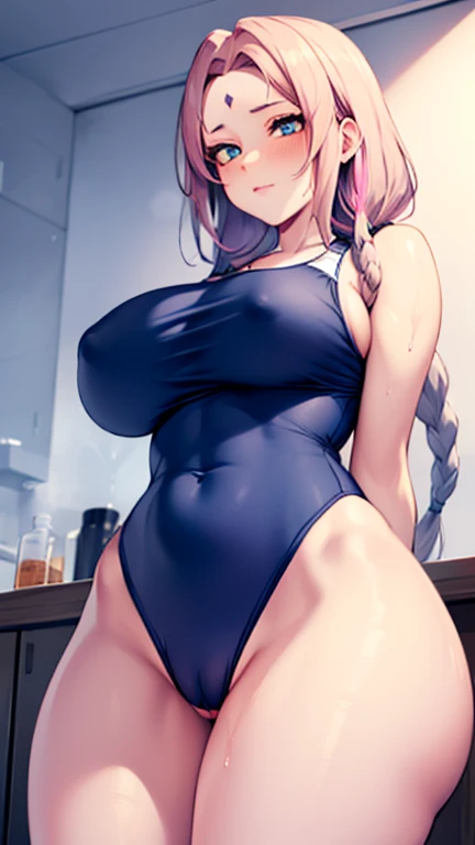 Mafuyu Cherissu, Midwinter Kiriku, (blue eyes, braid, long hair, twin braids, pink hair), , (:1.2)
rest ((thin )), (thin student swimsuit),  swimsuit, view from below, lie, see through , (Crotch cutout), wet, crotchless,, blush, blue one-piece swimsuit, school swimsuit, (arms behind back:1.1)
rest looking at viewer,
rest pool, ( juice), waste , wet
rest (masterpiece:1.2), best quality, high resolution, unified 8k wallpaper, (illustration:0.8), (Beautiful and delicate eyes:1.6), extremely detailed face, perfect lighting, Very detailed cg, (perfect hands, perfect anatomy),