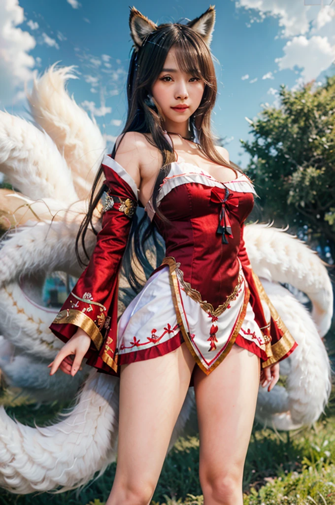 Korean girl with long white hair and red dress posing in a field, fox nobushi, a beautiful kitsune woman, kitsune, UltraRealistic, 4K. pokimane