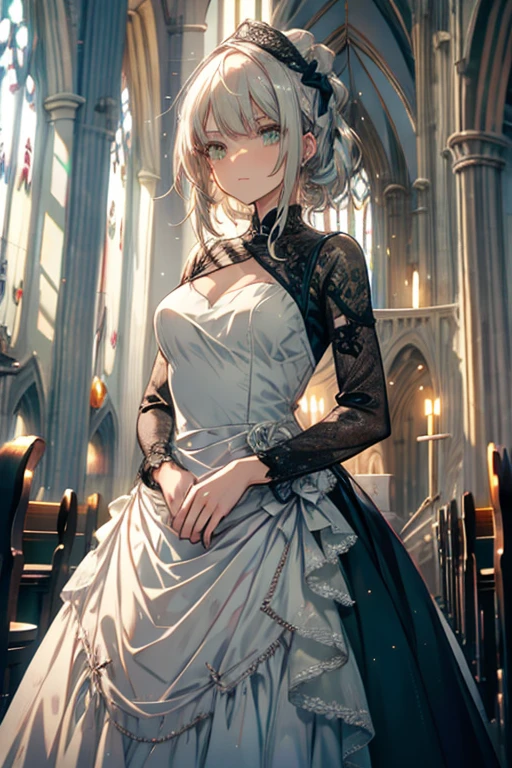 A silver haired woman with green eyes is wearing a ballgown in a church