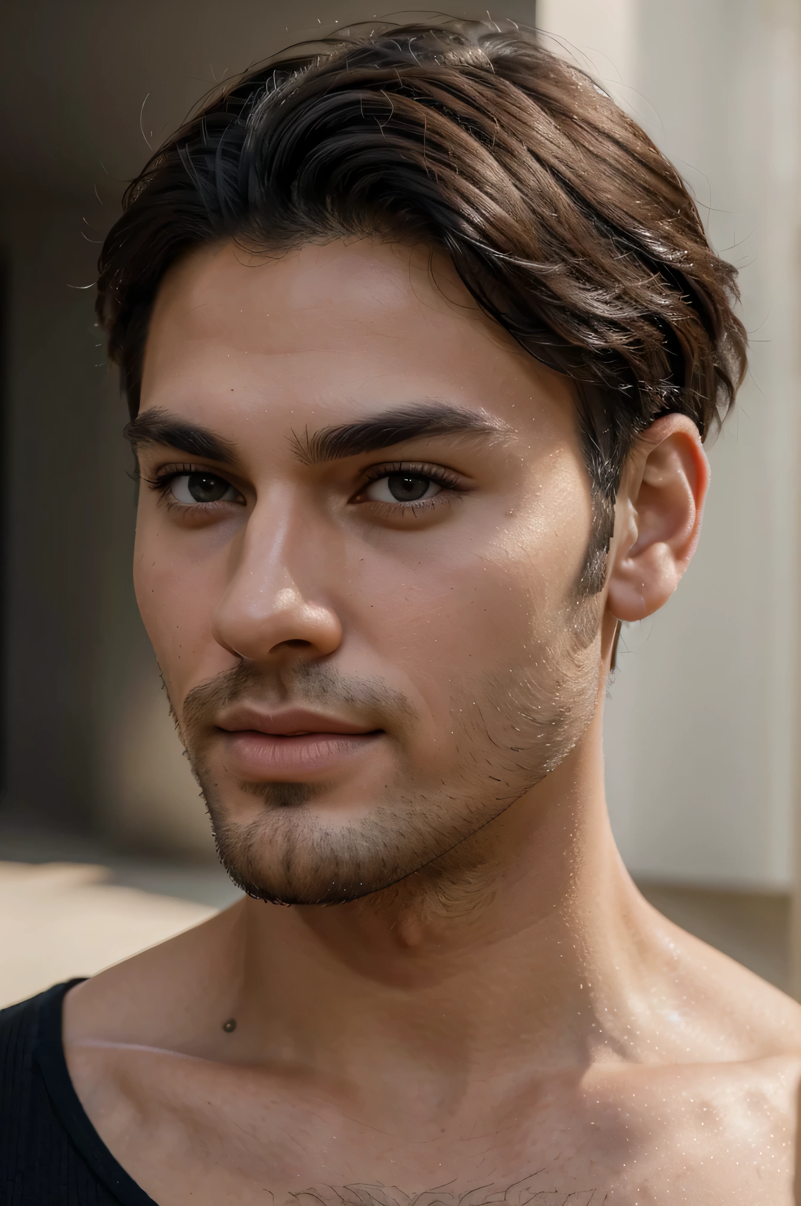 (best quality,4k,highres),(realistic,photorealistic:1.37),close-up gay man,age 25,black hair,beautiful detailed eyes and lips,stylish haircut,perfectly groomed beard,distinctive eyebrows,charming smile,stubble,sculpted facial features,strong jawline,emotional expression,confident gaze,healthy and glowing skin,trendy fashion style,modern attire,vibrant colors,soft lighting,intense focus,artistic portrait