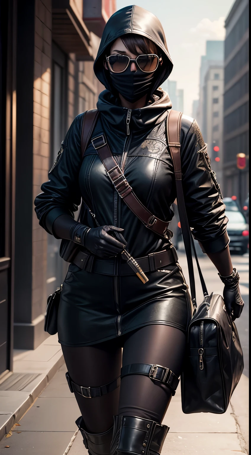 photo realistic, 1 beautiful lady, solo, short hair wearing bank robber costume, dark color clothing, balaclava mask, black gloves, black boots, sun glasses, black duffle bag, volumetric light, 8k, masterpiece, intricately detailed