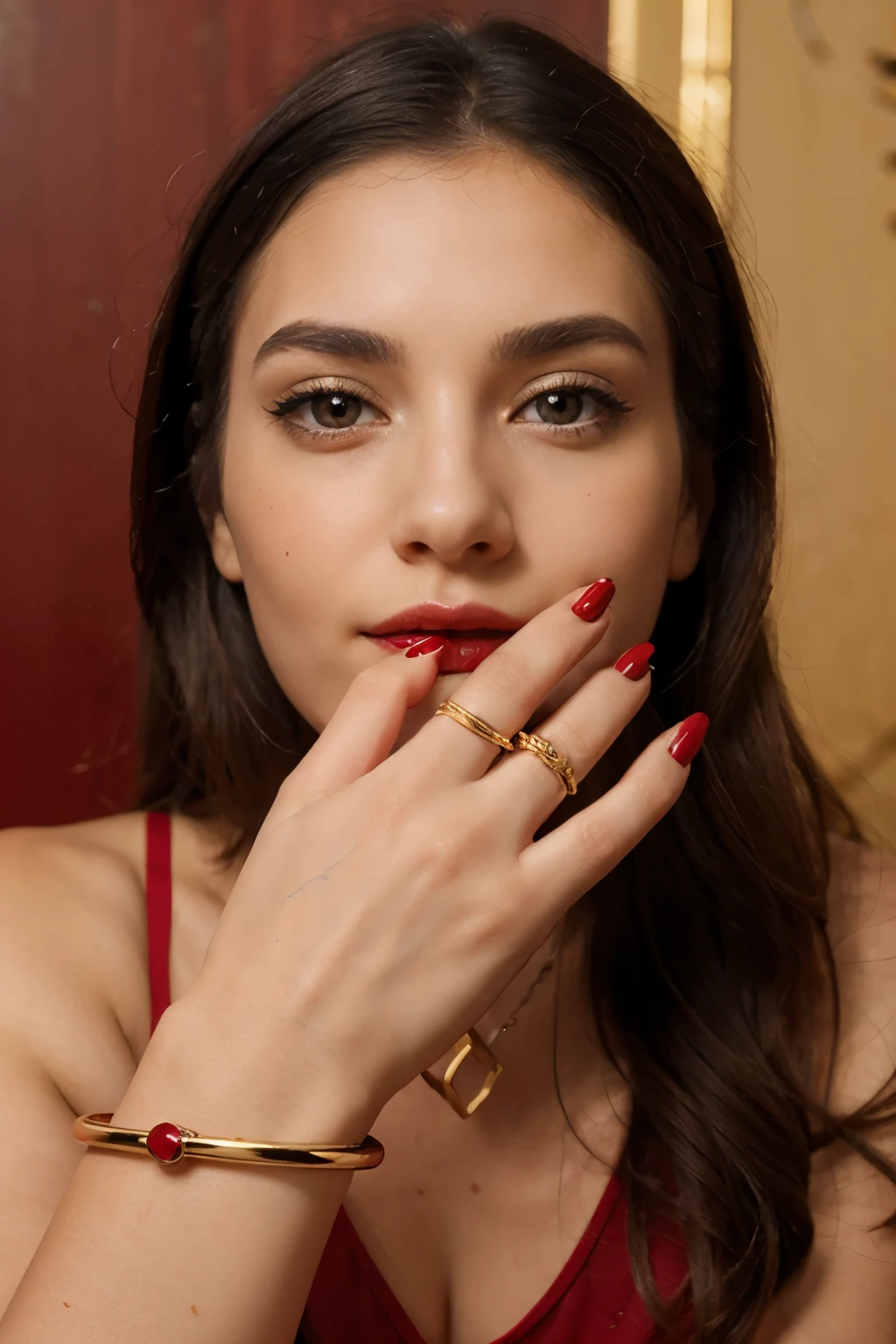 Woman&#39;s hand with red painted nails and golden rings 