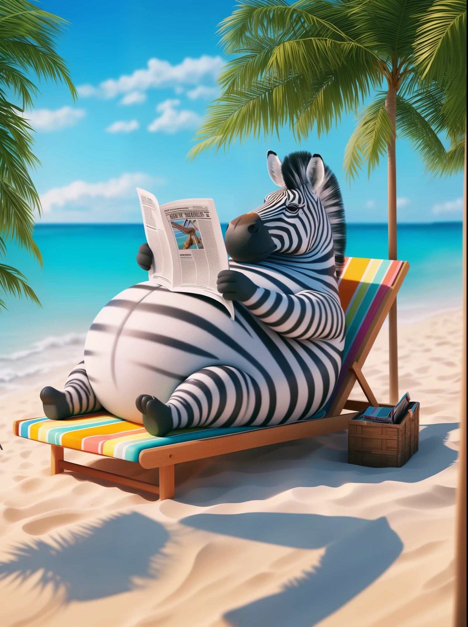 zebra sitting on a beach chair reading a newspaper, it's is relaxing on a beach, relaxing at the beach, inspired by Chris LaBrooy, relaxing, relaxing on the beach, sunbathing. illustration, funny illustration, photo render, in a sun lounger, relax, lowres, is relaxing on a beach, zebra, humorous illustration