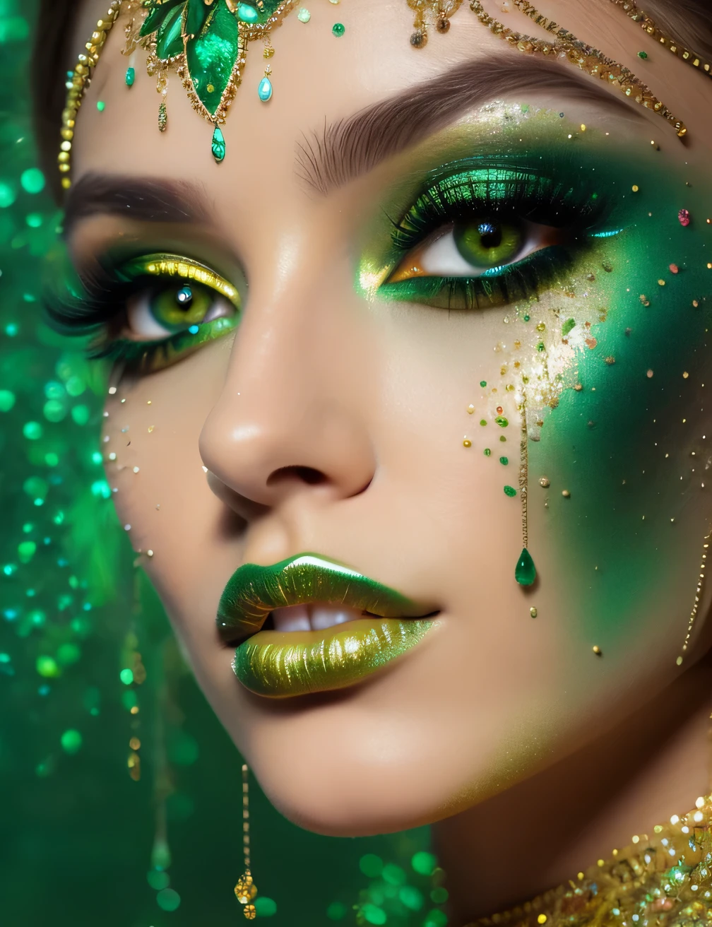full body shot, most beautiful on earth naked 24 years old model,   digital photo,   high contrast,  iridescent, heavy makeup, lashes, metallic glitter in green and gold,  meticulous detail, dramatic lighting, perfect eyes, natural skin
