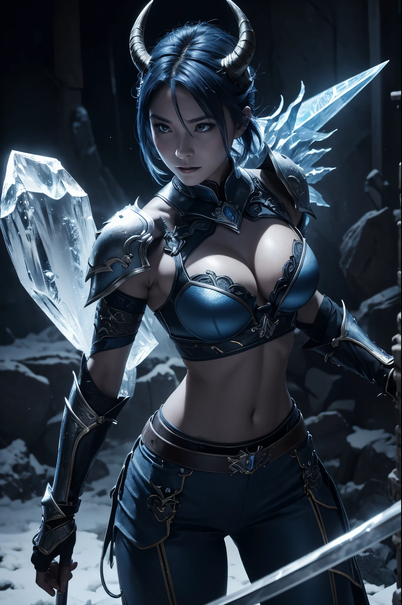 8K,depiction looking down from above,beautiful mature female demon, three horns, cruel smile, blue skin, sexyな氷の結晶の胸鎧, floating ice crystals, white eyes,tempt me, take your soul, iceberg of the underworld, (masterpiece), (realistic:1.4), RAW, highest quality, ultra high resolution, rich colors, Backlight, cinematic lighting, film grain, RAW, 50mm lens, Nikon D850, cold tones,super realistic skin,inside a dark dungeon,depiction looking down from above,blue short mohawk hair,Oni woman,have a long and large spear,battle scene,action scene,action pose,ice shoulder armor,ice gauntlet,trained body,sexy,luxury blue pants,blue waist armor,ice crystal pattern,