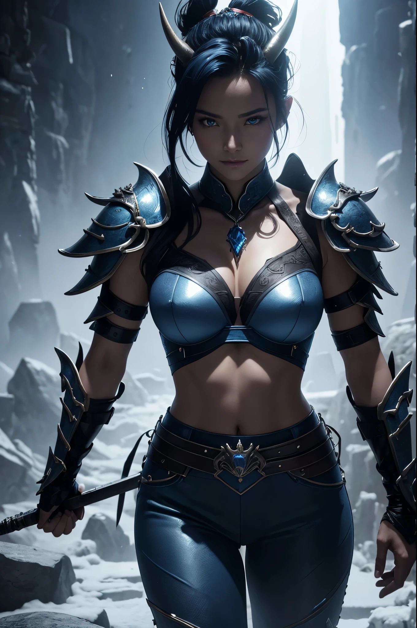 Two twin women while holding blue swords, ice swords, blue, blue aura, two women, twins, twin ice swords.